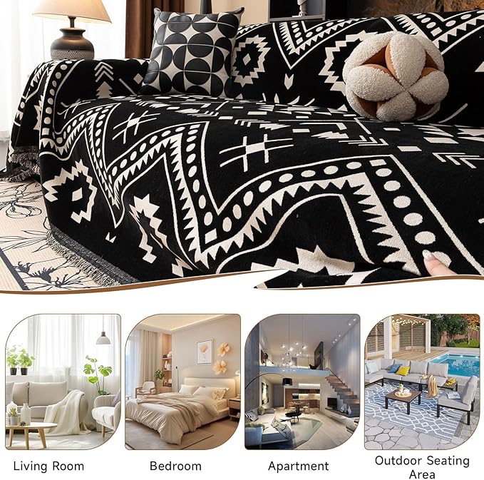 VClife Extra Large Couch Cover for Oversize Sofa Bohemian Sofa Slipcover, Aztec Geometric Chenille Sofa Cover Washable White Black Tribal Pattern Couch Protector Futon Cover 71" X 150"