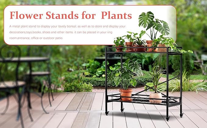 Zhongma 2 Tier Window Height Sturdy Metal Plant Stand with Wheels, 40.5x16x39.4 Inch High, Heavy Duty Succulent Shelf for Home Indoor and Outdoor, 440 LBS Capacity & Heavy Duty Construction