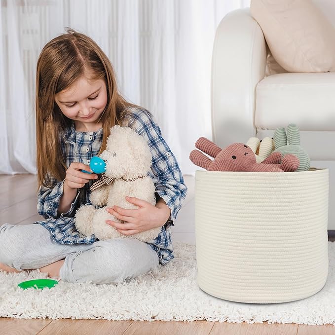 Cotton Rope Basket For Girls Boys Kids 16”X14” Baby Laundry Baskets Nursery Bin Round Woven Basket Organizer For Storage Toys Blankets Shoes Clothes white