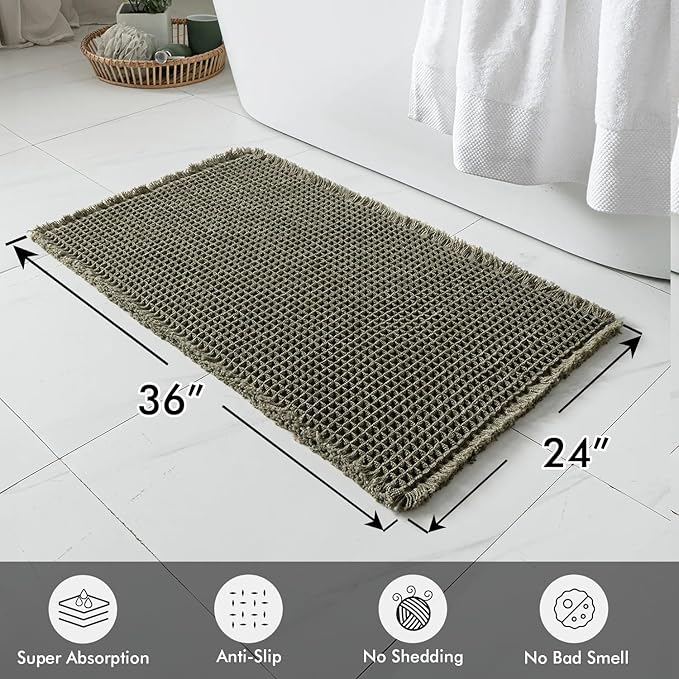 MIULEE Set of 2 Waffle Bathroom Rugs, Boho Bath Rugs Non Slip Washable, Super Absorbent Bath Mats, Ultra Soft Rubber Backed Shower Mats for Bathroom Floor, Tub and Shower, Green, 24x36 Inch