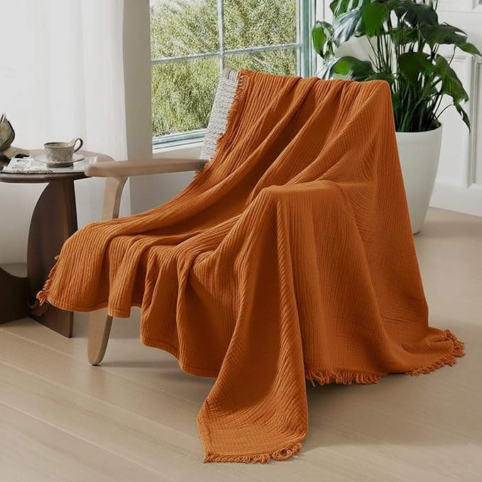 KyraHome 100% Cotton Throw Blanket for Bed, 60"x80" Muslin Blankets for Adults, Kids, Plant-Dyed, Lightweight Couch Blanket, All Season, (Terracotta/Burnt Orange)