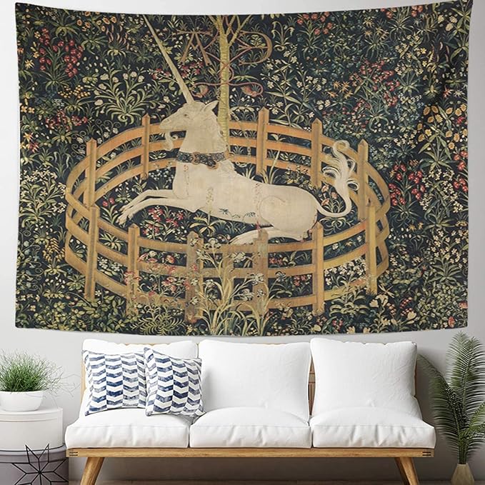 Semtomn Tapestry Artwork Wall Hanging Medieval Vintage Hunting Unicorn Captivity 50x60 Inches Home Decor Tapestries Mattress Tablecloth Curtain Print