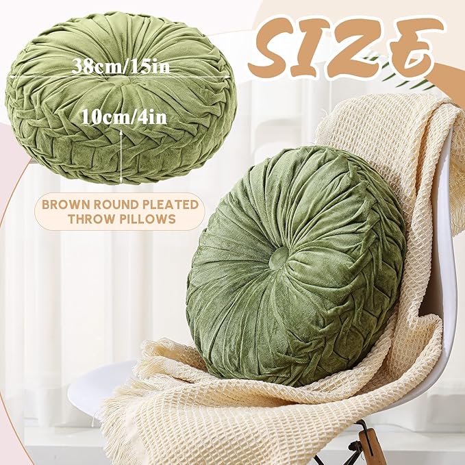 Round Throw Pillows Decorative Pleated Throw Pillows 15'' Diameter Accent Pumpkin Boho Chair Cushion for Couch Sofa Home Decoration(Olive Green,2 Pcs)