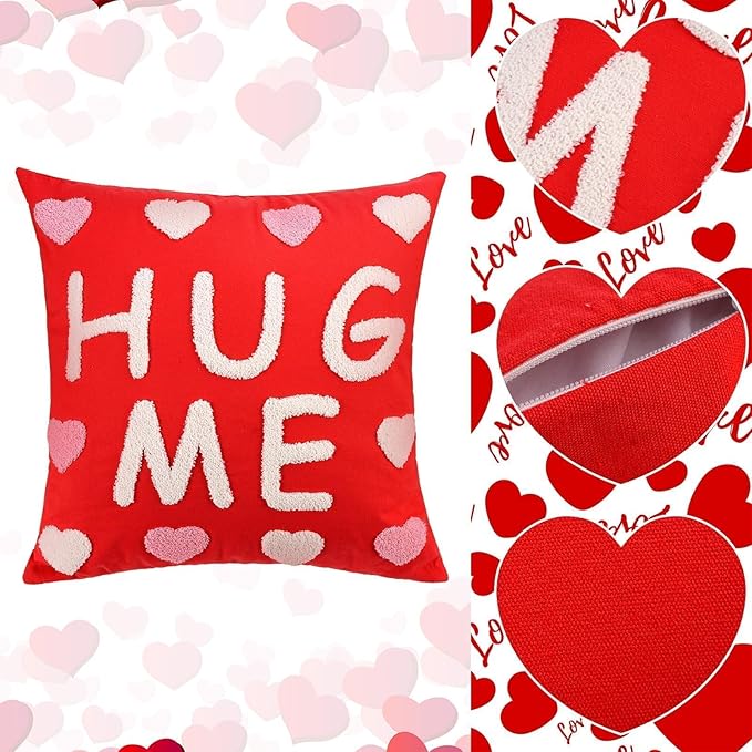 2 Pcs Tufted Valentine's Day Pillow Covers 18'' Red White Heart Throw Pillow Cases 3D Soft Plush Faux Fur Wool Couch Cushion Case for Chair Sofa Bedroom Living Room Home Decor