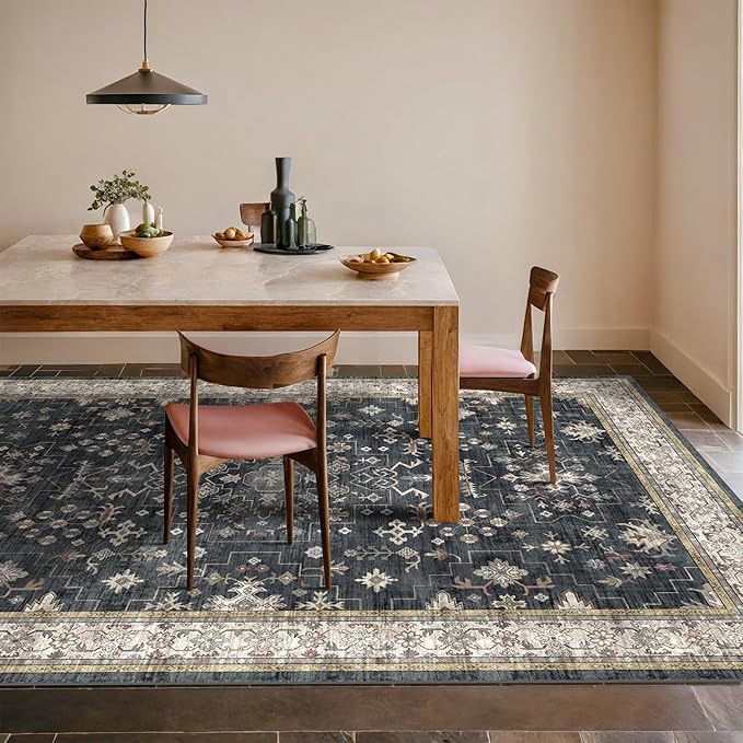 Boho Dining Room Rugs for Under Table - Washable Black Area Rug for Living Room, Low Pile Non-Slip Rugs for Bedroom, Office - Charming Geometric Decor & Stain Resistance - 6x8 Black/Multi
