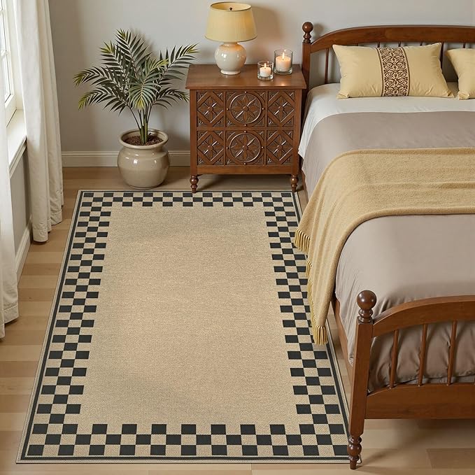 4x6 Jute Rug for Living Room: Farmhouse Indoor Outdoor Rug Washable with Non-Slip for Bedroom Patio Backyard Dining Room Home Office - Checkered Brown