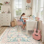 Lahome Sylvie Large Rugs for Living Room, Boho Machine Washable 8x10 Area Rugs Girls Bedroom Decor, Ultra-Thin Soft Distressed Floral Carpets Non Slip for Office Dining Room, Pink/Multi