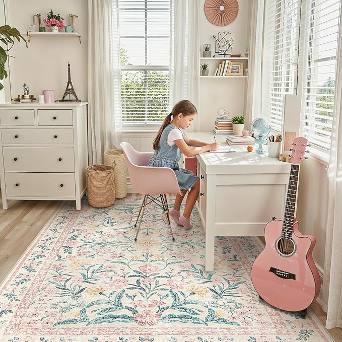 Lahome Sylvie Large Rugs for Living Room, Boho Machine Washable 8x10 Area Rugs Girls Bedroom Decor, Ultra-Thin Soft Distressed Floral Carpets Non Slip for Office Dining Room, Pink/Multi