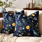 MUSSEL Navy Blue Floral Pillow Covers 18x18 Set of 2, Velvet Wild Flower Plant Throw Pillows Case, Square Farmhouse Decor Cushion Covers for Home Sofa Bed Couch