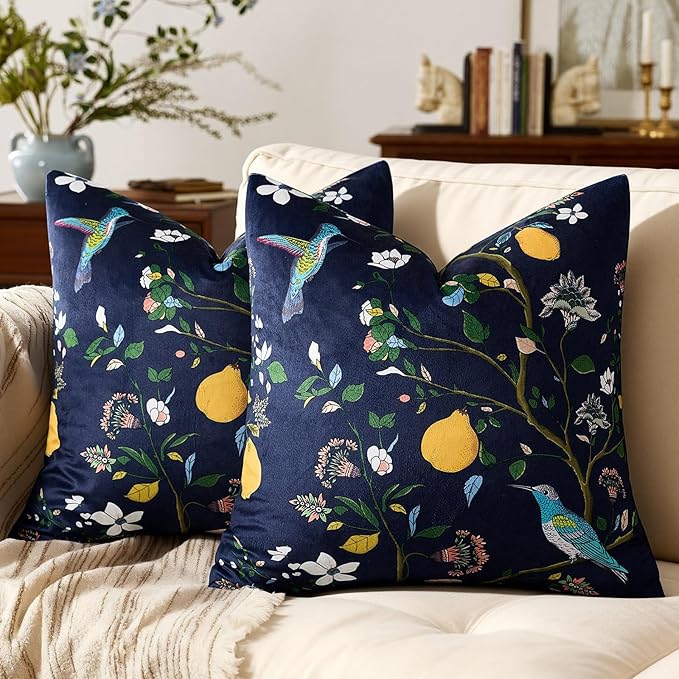 MUSSEL Navy Blue Floral Pillow Covers 18x18 Set of 2, Velvet Wild Flower Plant Throw Pillows Case, Square Farmhouse Decor Cushion Covers for Home Sofa Bed Couch