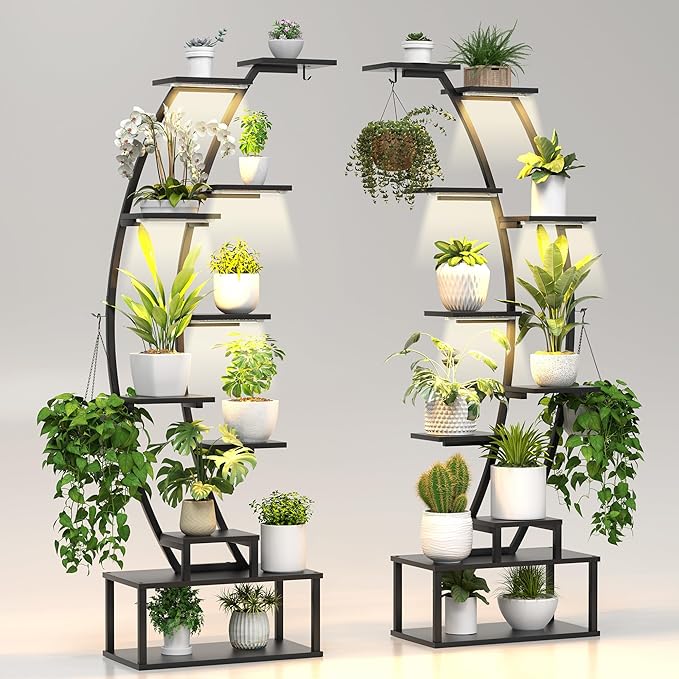 Plant Stand Shelf Rack Indoor with 8 Built in Grow Light, 10 Tiered 65" Tall Black Large Lighted Half Moon Curved Plant Stand for Indoor Growing, 2 Pack Arch Sturdy High Herb Flower Shelving