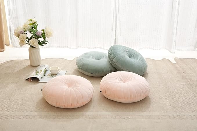 Floor Pillow Meditation Cushion Round Large Floor Pillows Seating for Adults, Velvet Thick Floor Cushions for Yoga Living Room Balcony Outdoor Tatami 18inches（Pink）