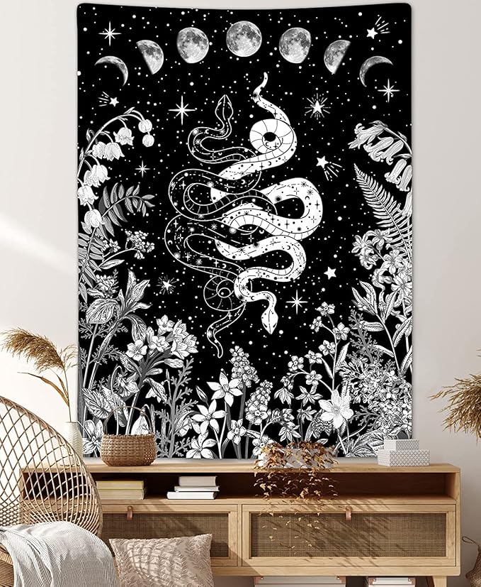 Witchy Snake Vertical Tapestry, Trippy Black and White Floral Moon Phase Cool Tarot Tapestry Wall Hanging for Bedroom Aesthetic, Nature Tapestries Poster Blanket College Dorm Decor (30X40)