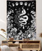 Witchy Snake Vertical Tapestry, Trippy Black and White Floral Moon Phase Cool Tarot Tapestry Wall Hanging for Bedroom Aesthetic, Nature Tapestries Poster Blanket College Dorm Decor (30X40)