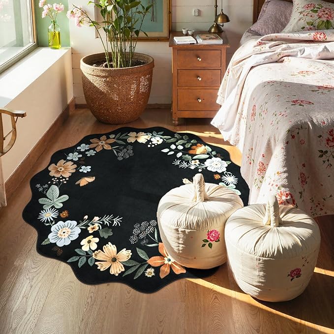 Lahome Floral Round Area Rugs, Washable Small Round Rug 3ft Non-Slip, Soft Boho Ultra-Thin Circle Carpet for Bedroom Entryway Kitchen Laundry Bathroom Flore, Black/Grey