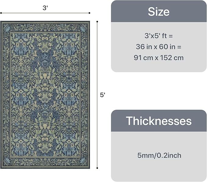 GENIMO Washable 3x5 Area Rug, Soft Vintage Floral Boho Carpet, Low-Pile Non-Slip Rug for Living Room, Bedroom, Dining Room, Nursery, Dark Blue