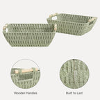 StorageWorks Large Wicker Storage Basket for Organizing with Wooden Handles, Toilet Paper Baskets for Shelf, Bosana Green, 2-Pack