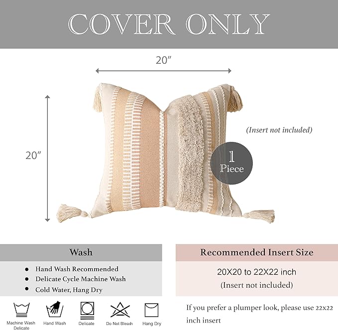 BlissBlush Decorative Throw Pillow Cover 20x20, Neutral Cream Boho Accent Pillowcase with Tufted Texture and Tassels, Beige Square Cushion for Sofa Couch Living Room (Cover Only)