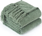 Chenille Throw Blanket for Couch with Tassels,60"X80" Soft Cozy Lightweight Knitted Boho Decorative Blankets for Bed and Sofa,Light Green