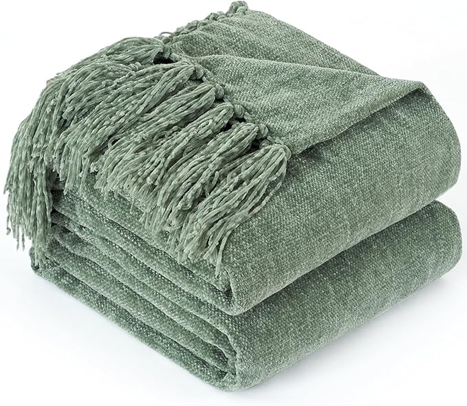 Chenille Throw Blanket for Couch with Tassels,60"X80" Soft Cozy Lightweight Knitted Boho Decorative Blankets for Bed and Sofa,Light Green