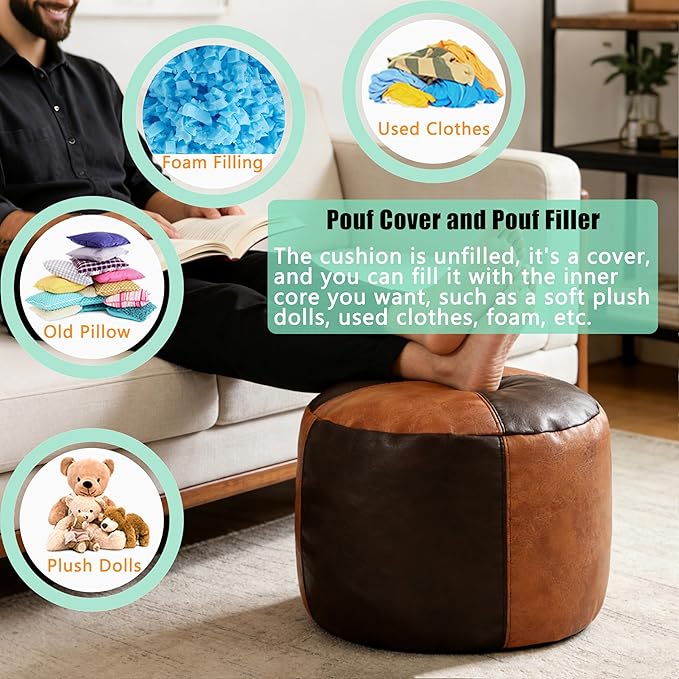 Thgonwid Unstuffed Faux Leather Pouf Cover, Handmade Footstool Ottoman Storage Solution, Floor Footrest Cushion - 16.5”Dx12”H, Brown & Coffee