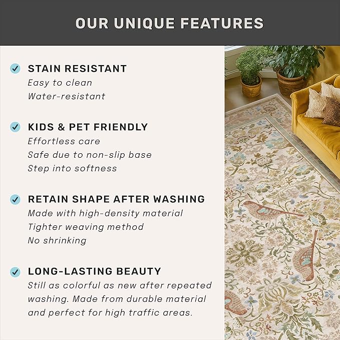 Washable Area Rugs 5x8 for Bedroom - Western Nature Rugs for Living Room, Dining Room,Playroom, Guest Room with Boho Beige Neutral Botanical & Bird Pattern, Non Slip Stain Resistant Low Pile