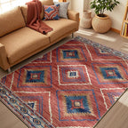 Area Rug 3x5 Rug Machine Washable Non-Slip Low Pile Print Pattern Western Rug for Living Room Bedroom Entryway Tribal Series -Red/Orange
