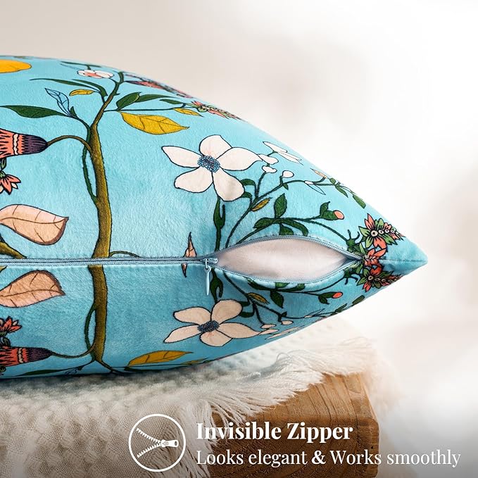 MUSSEL Light Blue Floral Pillow Covers 12x20 Set of 2, Velvet Wild Flower Plant Throw Pillows Case, Square Farmhouse Decor Cushion Covers for Home Sofa Bed Couch