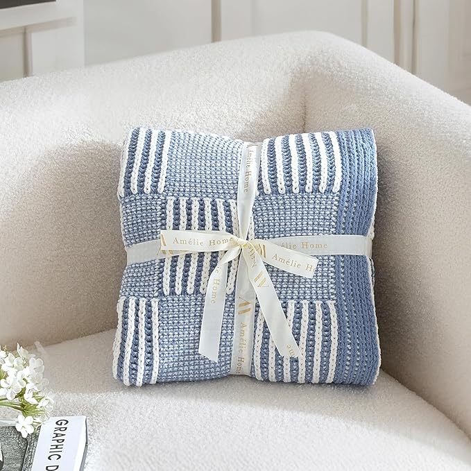 Amélie Home Checkered Knit Throw Blanket for Couch, Chenille Texture Decorative Soft Blanket for Sofa & Chair, 60"x80", Blue & Ivory