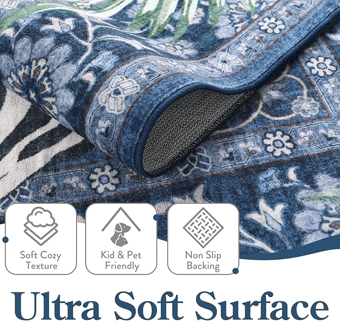 Moynesa Tiger Machine Washable Rug, 3x5 Entry Area Rug Non Slip Vintage Soft Rug for Living Room, Ultra Thin Boho Stain Resistant Kitchen Throw Mat for Entrance Bedside, Blue