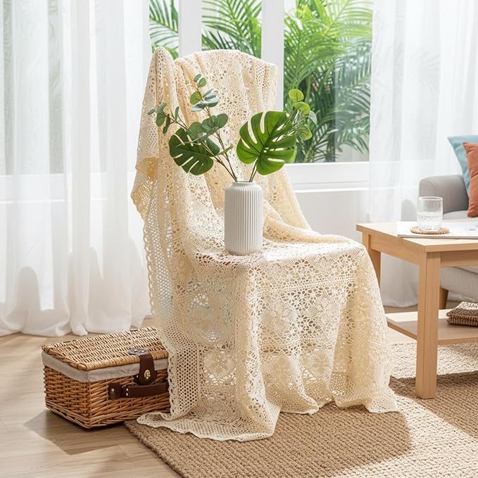 Tegeme Boho Throw Blanket 50"x60" Vintage 100% Handmade Crochet Cotton Throw Blankets, Lightweight Lace Knit for Couch, Bed Decor, Boho Photo Prop, Valentines Gifts for Women