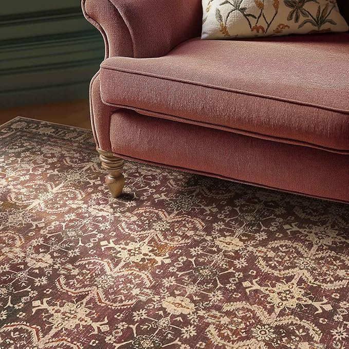 8x10 Area Rugs for Living Room Bedroom, Large Washable Christmas Rug, Vintage Oriental Boho Rug, Non Slip & Low Pile Faux Wool Thin Carpet for Indoor Dining Room and Kids Room(Red 8x10ft)