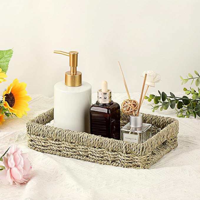 Bathroom Vanity Tray, Seagrass Narrow Counter Tray with Handles, Decorative Woven Organizer Trays for Toilet Tank, Shelves, Farmhouse Hand Towels Basket Holder for Storage, Natural (Small)