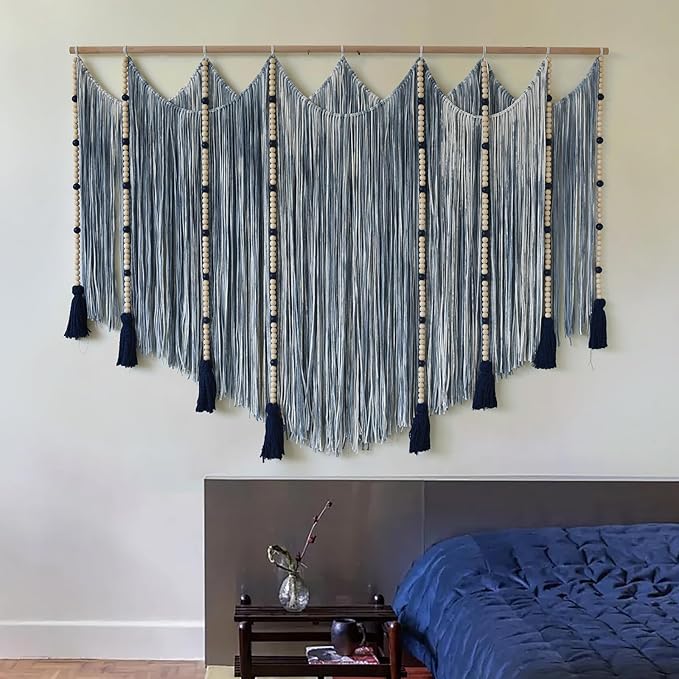 Jakalin Macrame Wall Hanging Blue dip dye Handcrafted Decorative Art for Living Room Bedroom or Office Boho Chic Modern Wall Decor with Unique Beadwork 57" W × 43" L