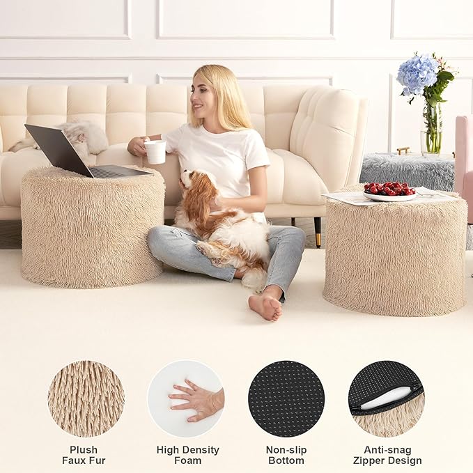 Hansleep Round Pouf Ottoman Foot Rest, 17 x 14 Small Faux Fur Stuffed Pouf for Chair, Foam Filled Foot Stools Ottomans for Living Room, Brown