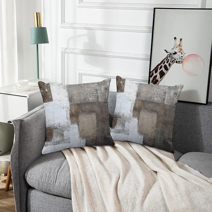 Emvency Set of 2 Brown White and Grey Throw Pillow Covers Modern Abstract Painting Decorative Pillow Cases Home Decor Standard Square 18x18 Inches Pillowcases