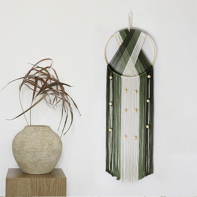 EOBTAIN Green Macrame Wall Hanging - Boho Large Dream Catchers - Round Handmade Macrame Wall Decor - Cotton Rope Tassel Woven Tapestry Art for Bedroom Living Room Apartment Home - 9.8" W x 31.5" L