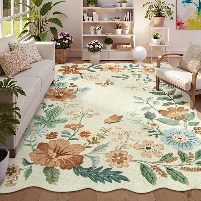 Lahome Floral Washable Rugs 8x10, Non-Slip Soft 8x10 Rugs for Living Room Bedroom, Ultra-Thin Stain Resistant Boho Accent Carpet for Dining Room Office Flore, Beige