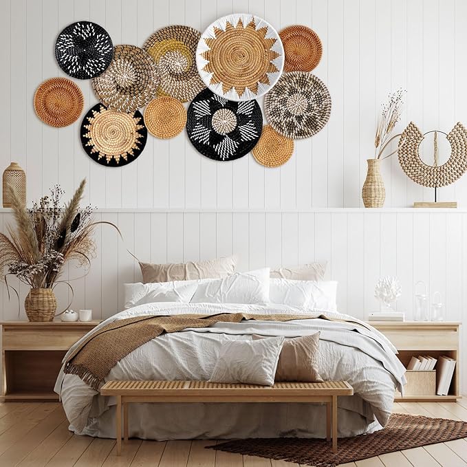 11 Pcs Boho Hanging Wall Basket Decor Handmade Woven Basket Wall Decorative Boho Wicker Baskets Placemats Round Farmhouse Bulrush Art for Rustic Home Decorations Christmas Gift(Stylish)