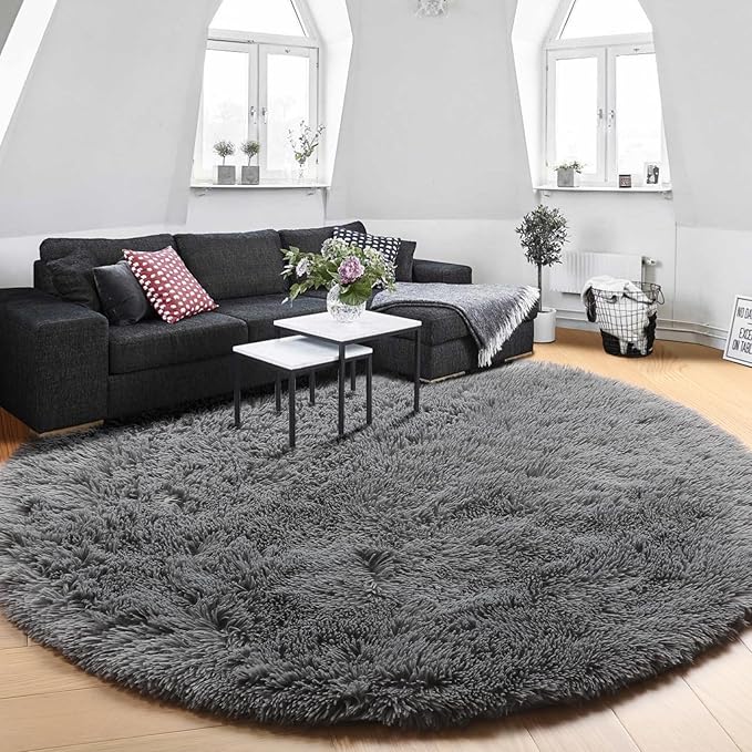 Amdrebio Grey Round Rugs 6Ft for Bedroom Living Room Decor, Fluffy Shaggy Circle Area Rug for Kids Room Classroom Playroom, Large Furry Floor Circular Gray Carpet for Teen Girls Boys Nursery Dorm