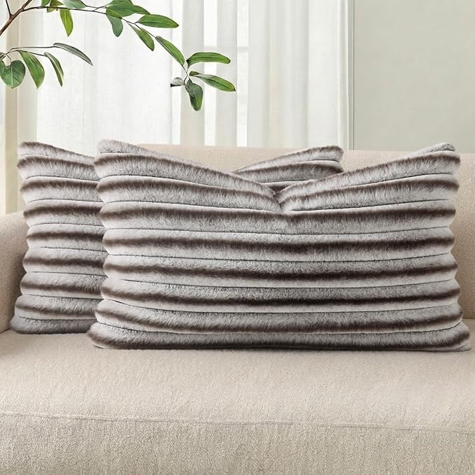 Pallene Faux Fur Plush Lumbar Throw Pillow Covers 12x20 Set of 2, Luxury Soft Fluffy Striped Decorative Pillow Covers for Sofa, Couch, Living Room, Ombre Coffee