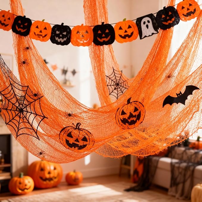 Set of 5 Halloween Creepy Gauze Cloth Decoration, Orange Scary Indoor Outdoor Halloween Gauze Tapestry Decor, Spooky Decorations for Home Wall Yard Haunted House Party Supplies, 72 x 30 inch