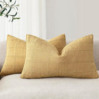 Foindtower Set of 2 Decorative Linen Check Throw Pillow Covers Neutral Farmhouse Lumbar Cushion Covers Modern Boho Accent Home Decor for Sofa Chair Couch Bedroom Living Room,12×20 Inch,Amber Gold