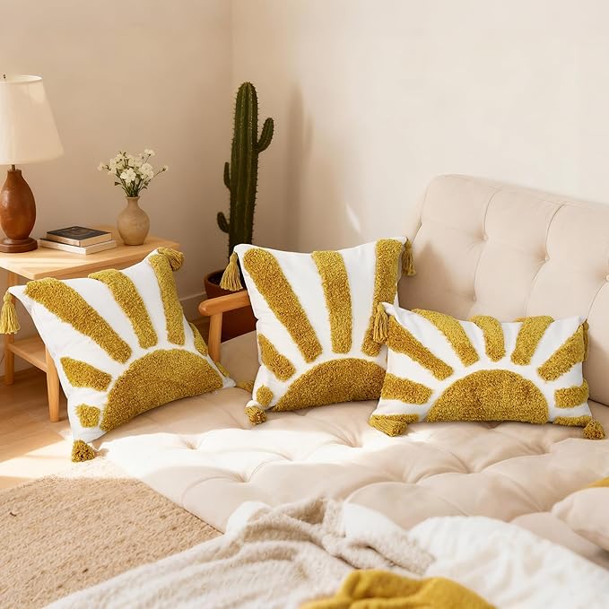 Boho Throw Pillow Covers 18x18 Inch Set of 1, Yellow Sun Tufted Square Pillow Covers with Tassels, Bohemian Farmhouse Decorative Cushion Cover for Couch Sofa Bedroom Living Room Home Decor