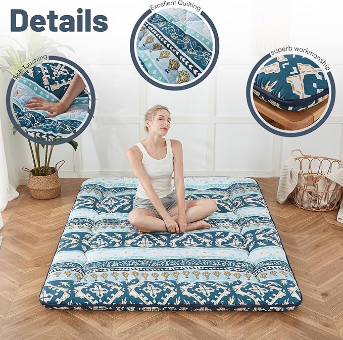 Japanese Floor Mattress, Futon Mattress with Storage Bag and Washable Cover, Roll Up Tatami Mat Suitable for Guest Room (Blue Striped Jacquard, Queen)