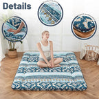 Japanese Floor Mattress, Futon Mattress with Storage Bag and Washable Cover, Roll Up Tatami Mat Suitable for Guest Room (Blue Striped Jacquard, Queen)