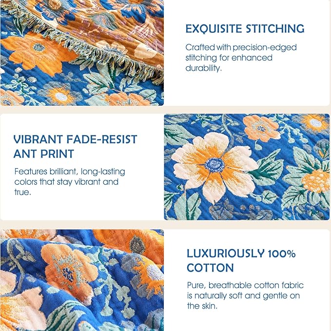 Boho Throw Blanket - 100% Cotton Ultra Soft Muslin Spring Blanket, 50"x60" Lightweight Floral Bird Framhouse Bedding Blanket for Bed, All Season Blue Bohemian Bedroom Home Decor Quilt