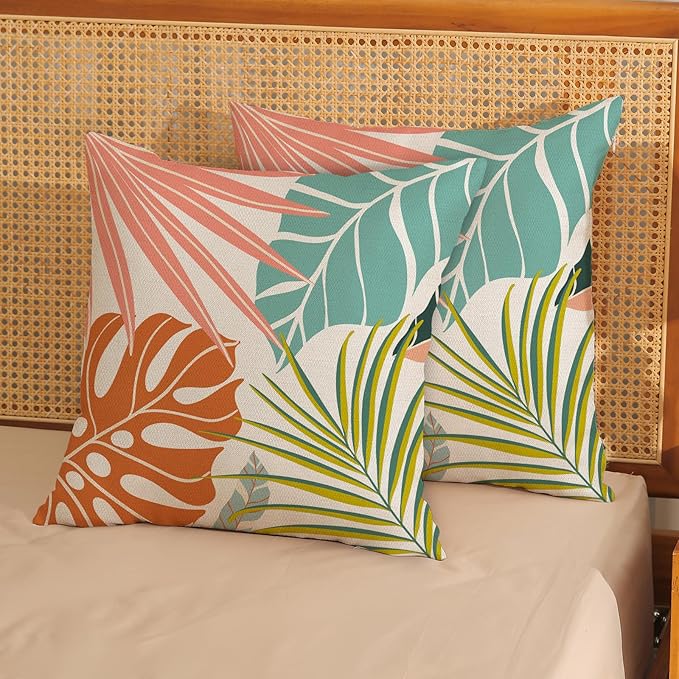 Summer Tropical Pillow Covers 18x18 Set of 2, Monstera Palm Leaf Pillowcase Green Orange Botanical Coral Summer Throw Pillows Outdoor Decor Farmhouse Cushion Case Linen Decorative for Home