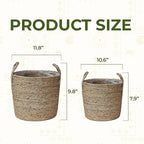 Set of 2 Woven Seagrass Planter Baskets with Handles – Handwoven Plant & Flower Pots for Indoor or Outdoor Use, Natural Straw Storage Baskets for Laundry Room, Living Room & Home Decor