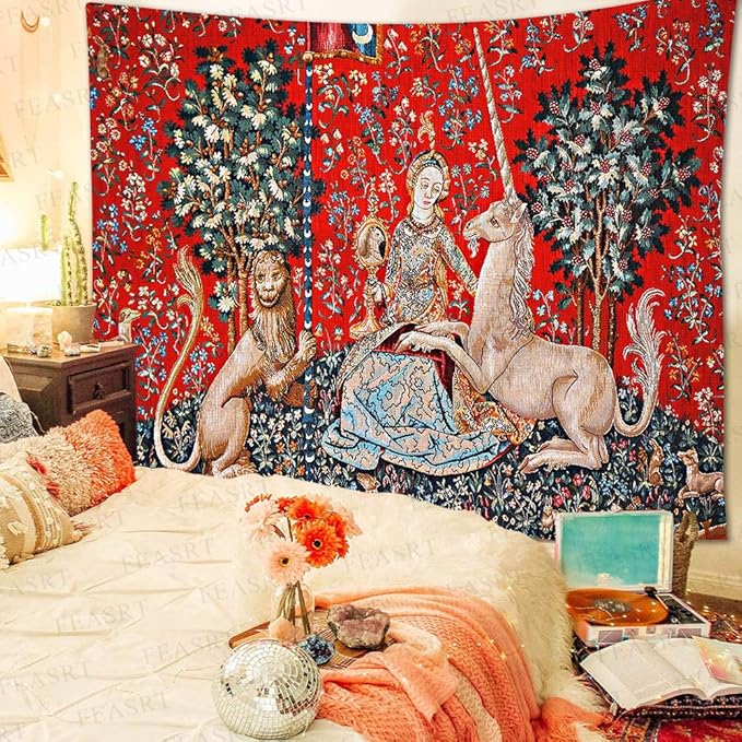 FEASRT Medieval Princess Tapestry - European Royal Tapestry The Maiden and The Unicorn - 80x60 inch for Bedroom, Living Room, Dorm Decoration